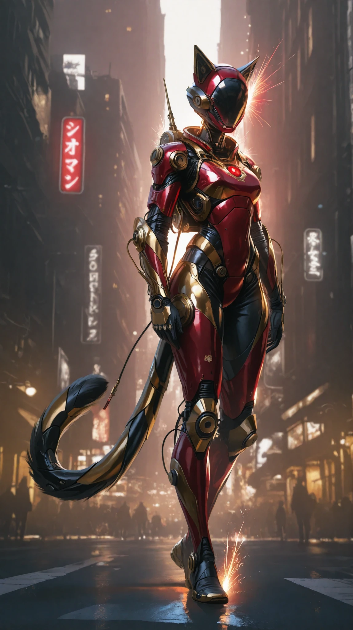 A futuristic Iron Cat walks forward along an empty neon-lit street, its red and gold armor gleaming under the city lights. Blue repulsors glow in its palms and chest, giving off faint sparks. The robotic suit moves smoothly with each step, tail swaying slightly, and helmeted head tilted with determination. Street reflections shimmer under its feet, and distant buildings pulse with digital signs. Pixar-style animation frame, dynamic lighting, urban tech aesthetic