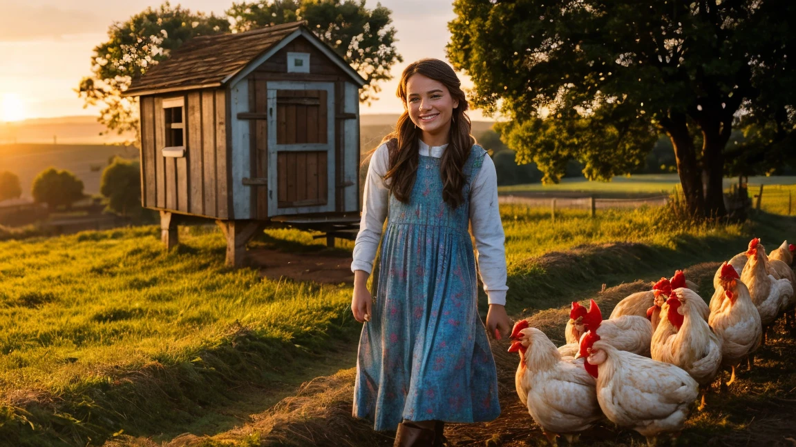 Russian style, children girl, portrait, long red hair of braids with hat, farmer style, with rolls of hay and wheat and horse, barns, apples.