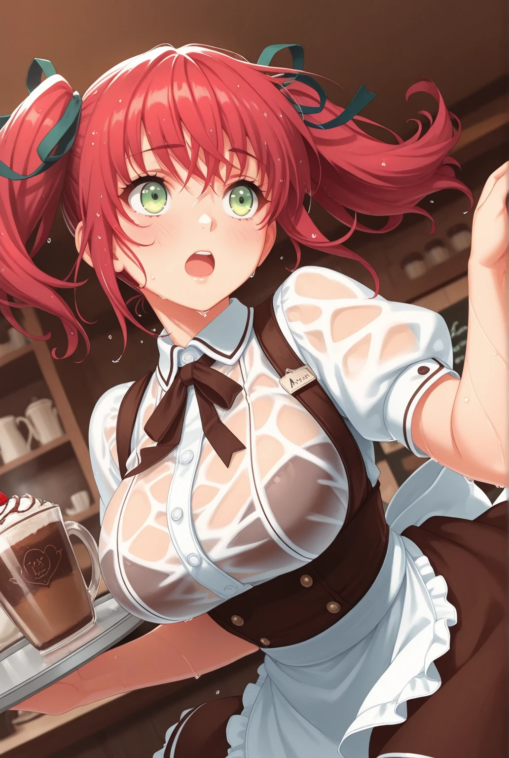 1girl in, Solo, Nakano Yotsuba, Orange hair, Hair Bow, (green bowtie), (Naked:1.3), (White Apron), Large breasts, cleavage, thighs thighs thighs thighs, Cafe Background, (Blushing:1.3)