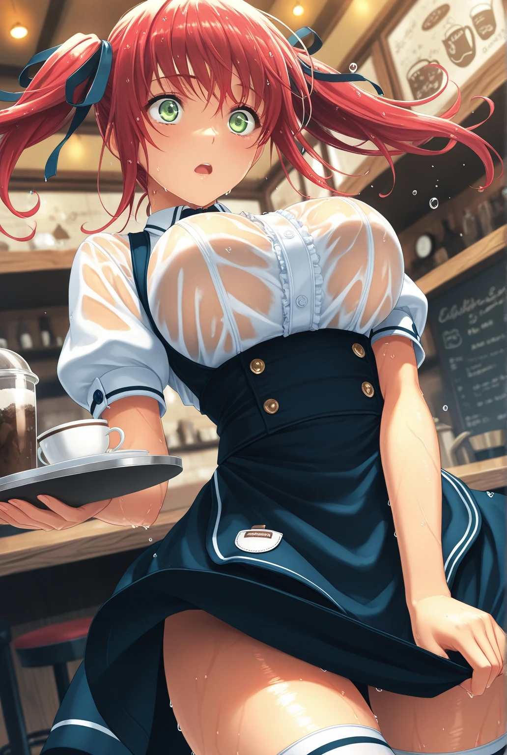 1girl in, Solo, Nakano Yotsuba, Orange hair, Hair Bow, (green bowtie), (Naked:1.3), (White Apron), Large breasts, cleavage, thighs thighs thighs thighs, Cafe Background, (Blushing:1.3)