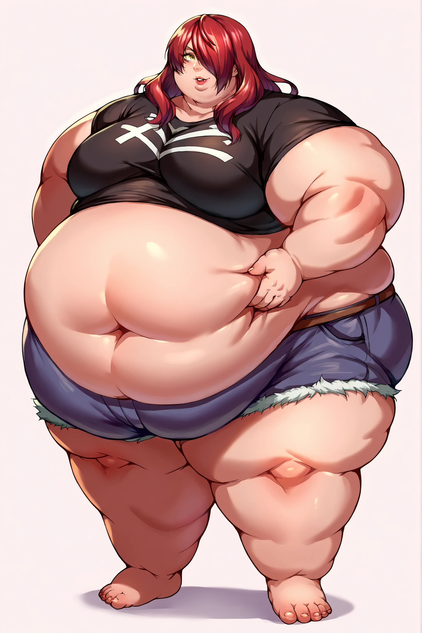 Anime Women, Lady、Detailed face、Forehead、Black Hair、Braid、Glasses、Hanging eyes、Brown eyes、Are fat、Chubby、Voluptuous、obesity、Double chin、Cheek、Fat-covered neck、Big Breasts、Saggy breasts、Thick upper arms、thick fingers、Fat Belly、Sagging belly、Thick legs、Fat all over the body、tall、Denim jumpsuit、sneakers、Sweat、Embarrassed、Exercising