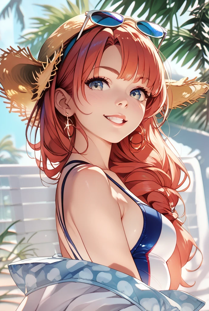 best quality, masterpiece, highres, solo, {night:1.10}, {starry sky:1.10}, beach, beautiful detailed sky, {extremely detailed background:1.20}, {van_gogh_fgo:1.15}, {standing:1.10}, looking at viewer, {bikini:1.30}, braid, long_hair, blue_eyes, bangs, side_braid, hat, orange_hair, crown_braid, smile, brown_hair, flower, sunflower, open_mouth, light smile