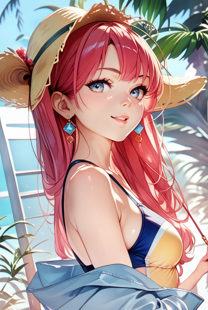 Kagura,pink hair,twintails,aqua eyes,long hair,slit pupils,
red bikini,cleavage,collarbone,leaning forward,
solo,upper body,standing,
smile,docks,
(insanely detailed, beautiful detailed face, masterpiece, best quality) cinematic lighting,<lora:KaguraOB:0.8>,