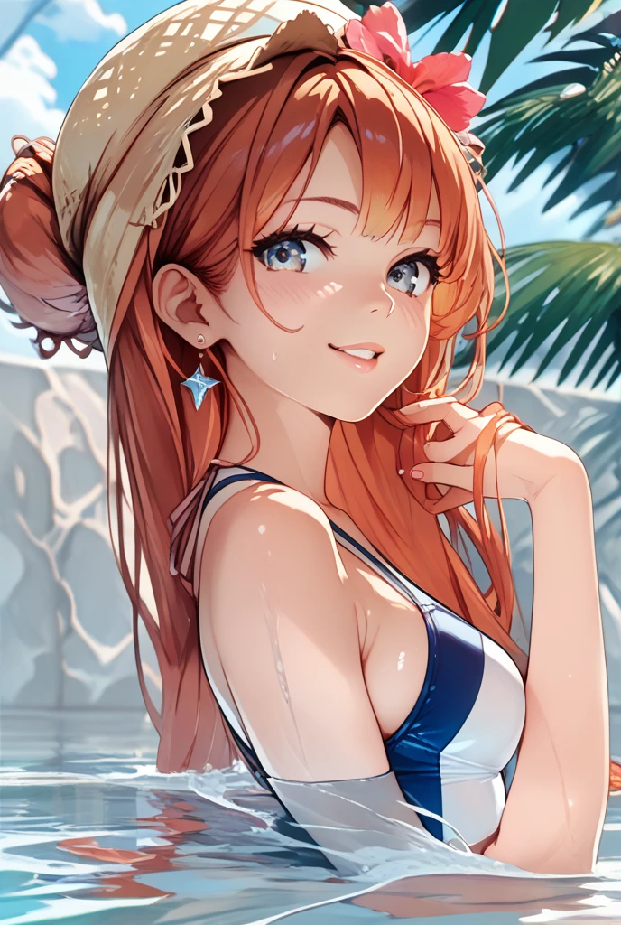 (masterpiece:1.3, Highest quality, Ultra-high resolution, Super detailed), (Realistic, photoRealistic:1.4), Beautiful illustrations, Perfect lighting, Natural light, colorful, Depth of written boundary, 
View your viewers, (throw, Close-up shot), 1 Girl, Japanese, high school girl, Perfect Face, Cute and symmetrical face, Shiny skin, Sunburned skin
(Long Hair:1.2, ponytail:1.2, Blonde), Orange eyes, (Large breasts, seductive Thighs), Thighs, 
Beautiful Hair, Beautiful Face, Beautiful attention to detail, Beautiful clavicle, Beautiful body, Beautiful breasts, 美しいThighs, Beautiful feet, Beautiful fingers, 
((Navy Bikini)), necklace, 
(Beautiful views), evening, (Tropical beach), Are standing, (Cute smile, Upward glance), 