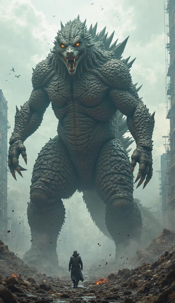 Godzilla is on a rampage in Tokyo, low angle shot