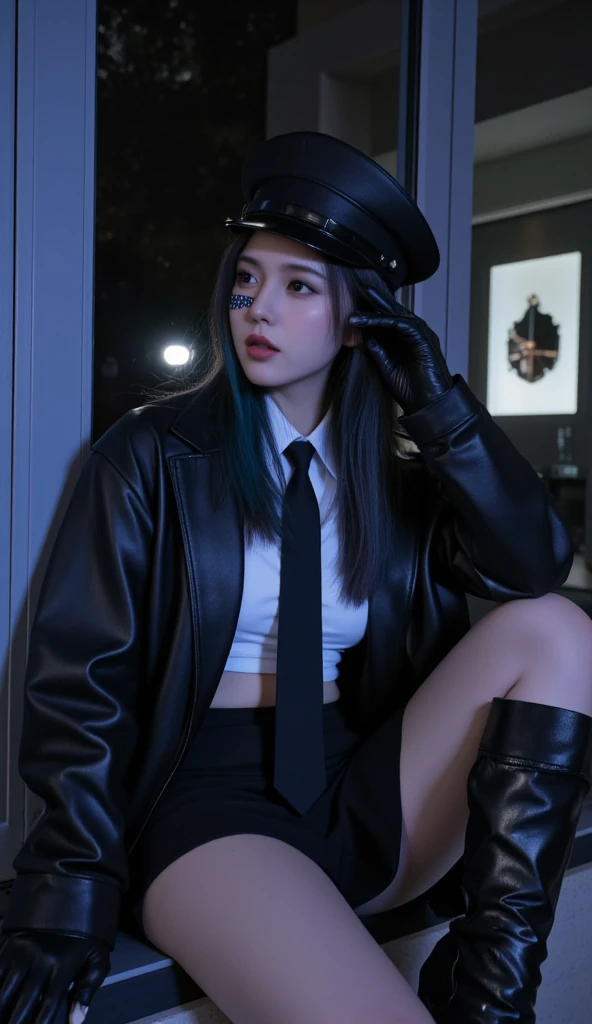 (masterpiece、highest quality、Highest quality),(night:1.8,Dark Room:1.6, Cinematic Lighting:1.5, Dark locker room:1.5),The perfect person、The perfect background、Perfect Fingerature girl、Gigantic、Slender body、Black high school girl uniform、Half-dressed、