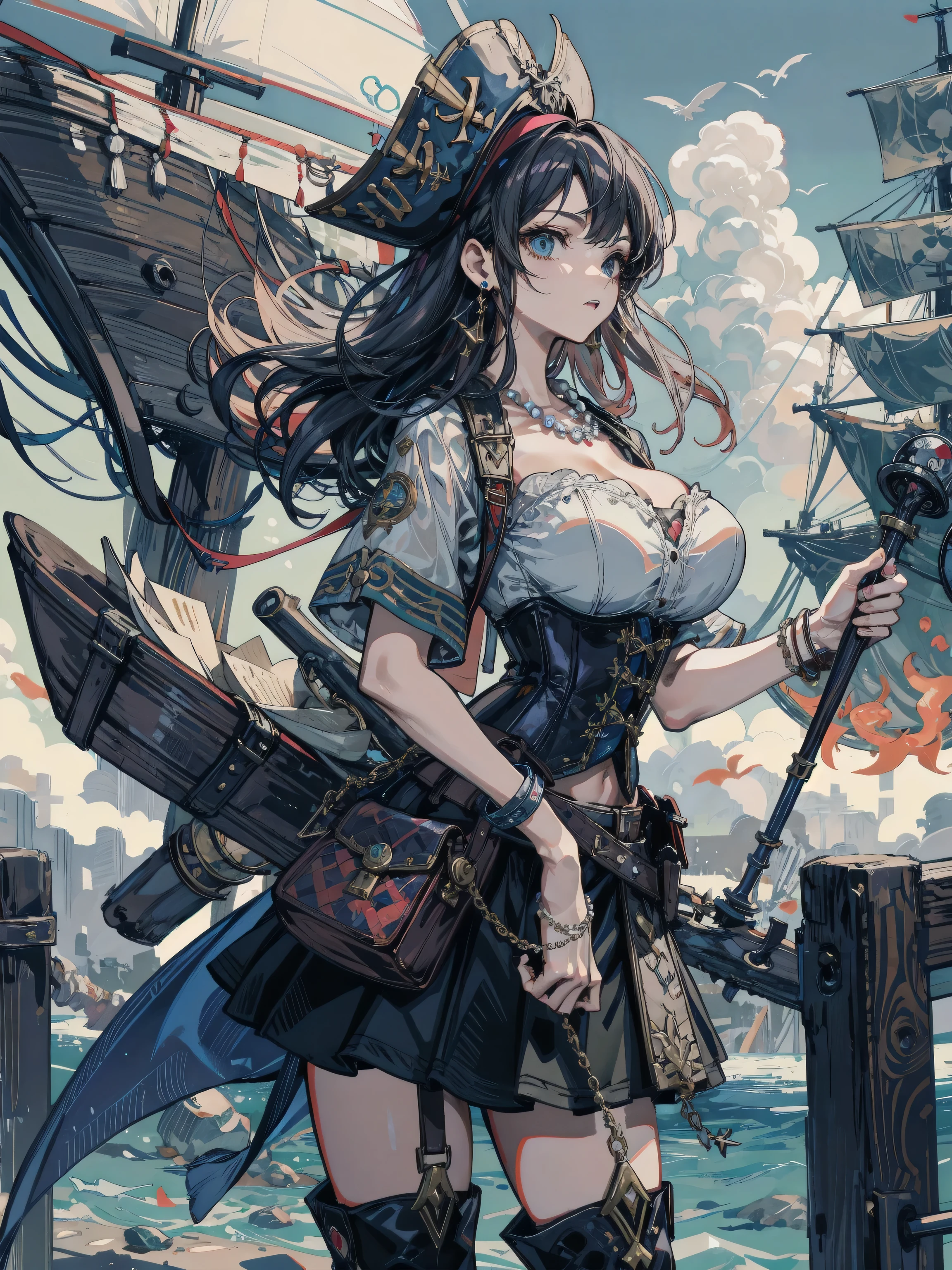 absurdres, RAW photo, extremely delicate and beautiful, masterpiece, Best Quality, ultra high resolution, 32k, hyperrealistic, ultra-detailed, delicate facial features, beautiful detailed woman, tearful mole, earring, medium breasts, full body shot, medium hair, black hair, (Practical pirate clothing), Long-sleeved pirate top, Skirt, torn pirate hat,