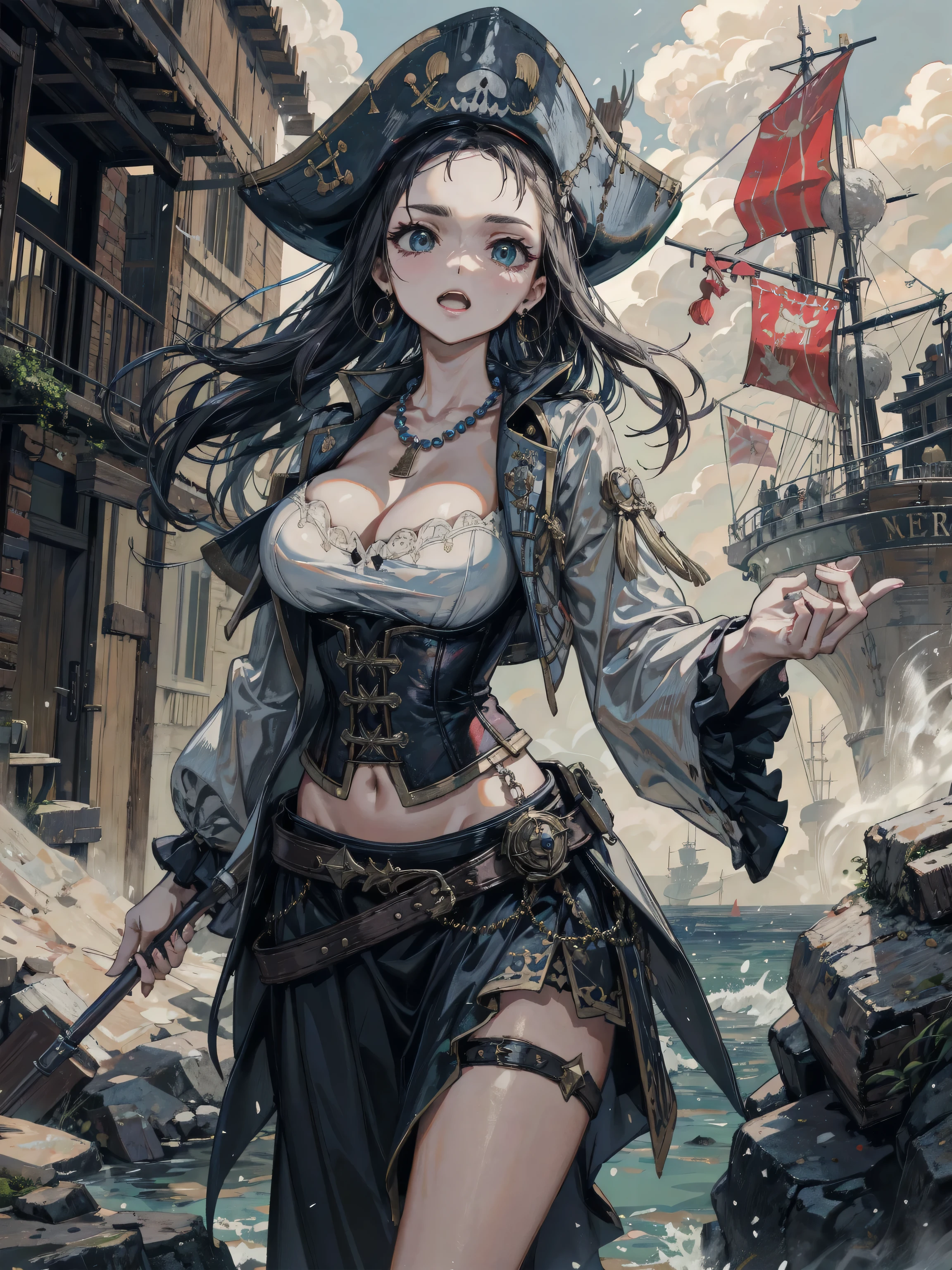 absurdres, RAW photo, extremely delicate and beautiful, masterpiece, Best Quality, ultra high resolution, 32k, hyperrealistic, ultra-detailed, delicate facial features, beautiful detailed woman, tearful mole, earring, medium breasts, full body shot, medium hair, black hair, (Practical pirate clothing), Long-sleeved pirate top, Skirt, torn pirate hat,