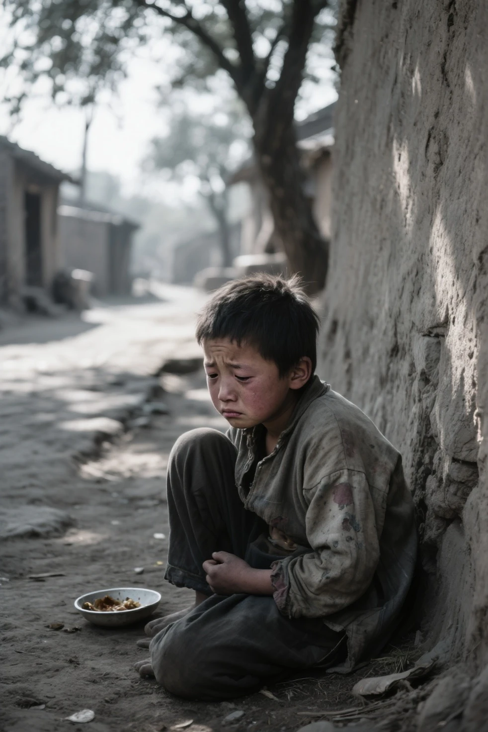 A chinese poor boy who have no home and he was hungry he stand in a dirty street 