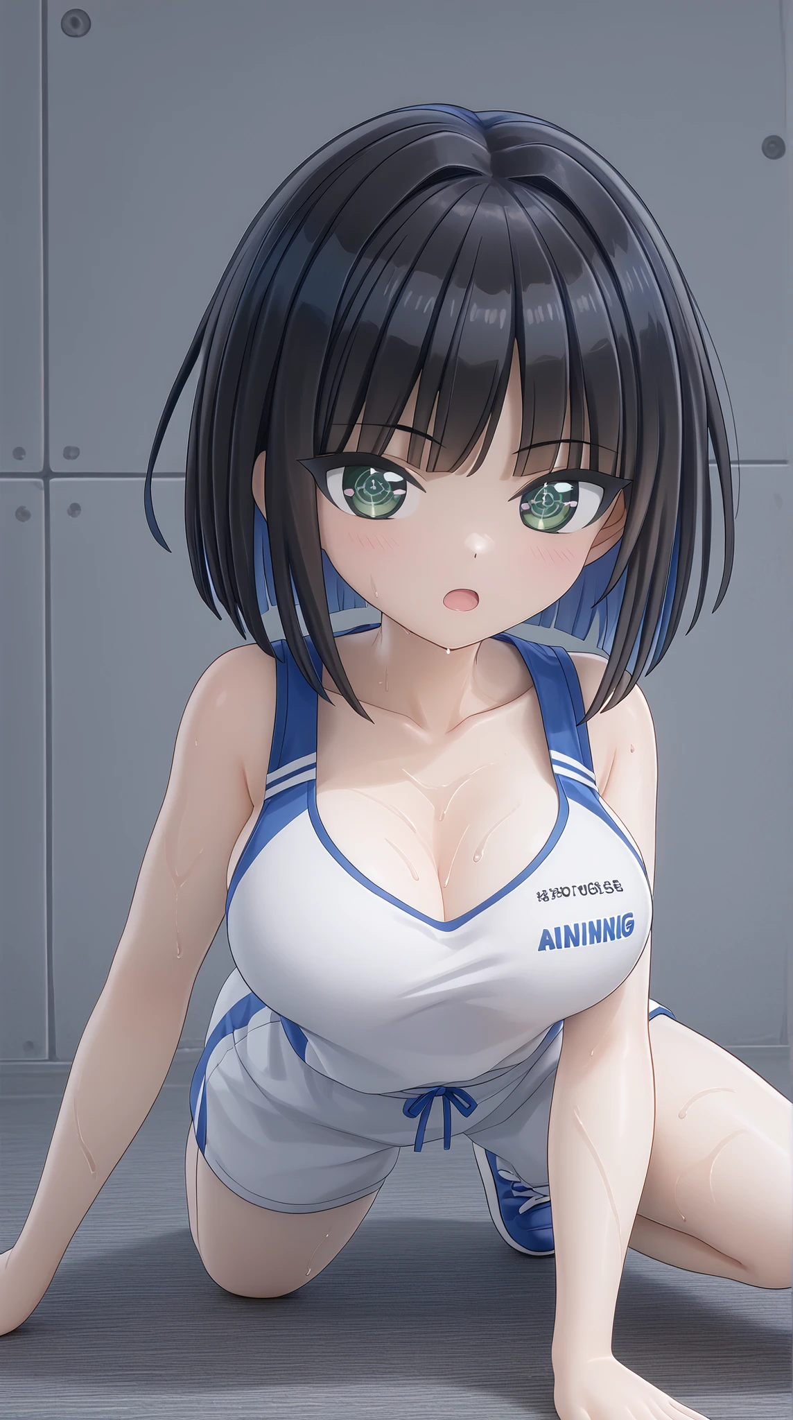 ((PVC:1.5))、masterpiece、Highest Quality、(beautiful running clothes for exercising on the ground:1.8)、( beautiful taut breasts:1.8)、rough breathing、a lot of sweat、beautiful hair、detailed beautiful face、Beautiful Shadows、and open your mouth、(1 girl)、blushes、( Beautiful Fair Skin:1.lender waist 、cute face、big eyes、open your legs、moist eyes、INES 、( cross-shaped pupils )、black hair、short hair、bob cut、dull bangs、color inner hair、split bangs、MWord Opening、(Do exercises on the ground)、bust up view with ball