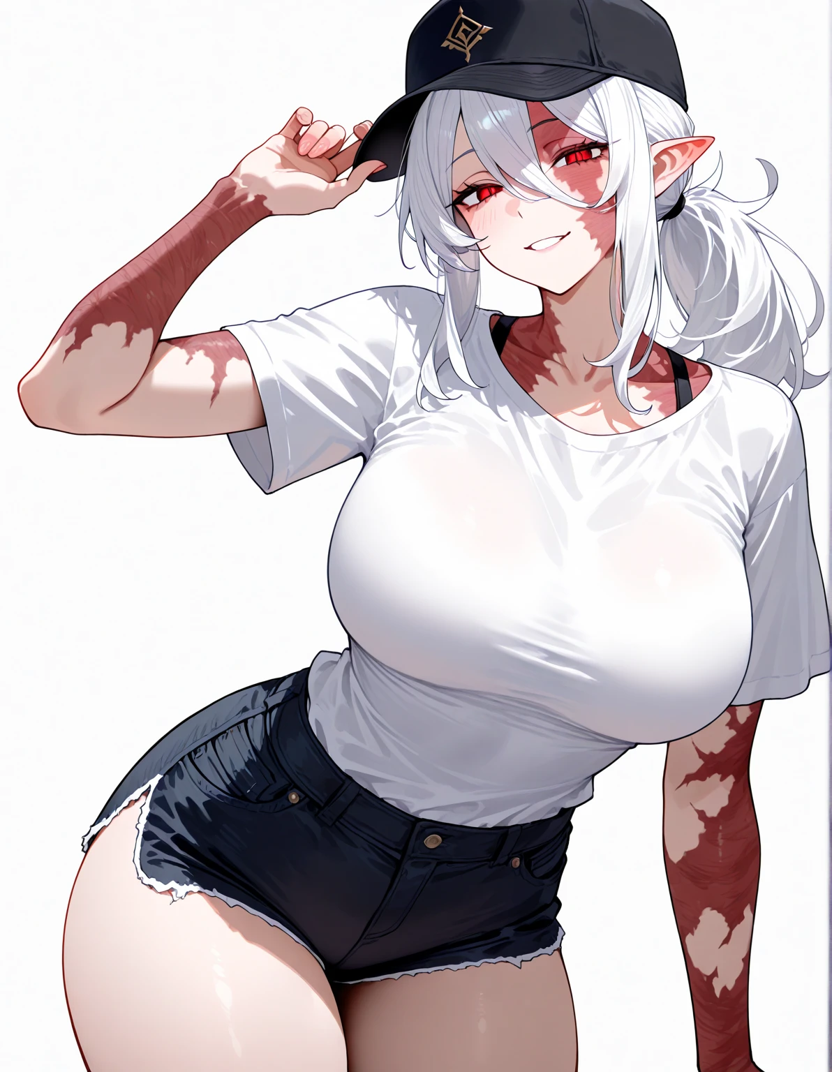 WeightChubby, WeightObese, WeightImmobile, micro shorts, denim shorts, fskull, navel, red eyes, prehensile hair, extra mouth, , white shirt, necktie, pleated skirt, black thighhighs, zettai ryouiki