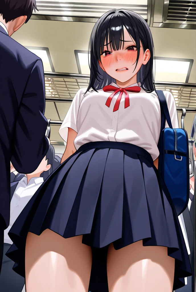 2 girls, by 2 person, Girl's brown eyes, black hair, medium long hair, Inward roll、(Navy blue sailor suit:1.4),indoors, Cafe、very big breasts、publish one'chest of、Naked things'chest of、blush、embarrassing、scary face、I'm worried、confused face、a large amount of breast milk comes out of the nipples,、Breast milk gushes from the nipple、very short skirt、micro mini skirt、female shape'Private parts are clearly visible、vibrator in thighhighs、The crotch is wet with love juice、Looks painful、Full body portrait
