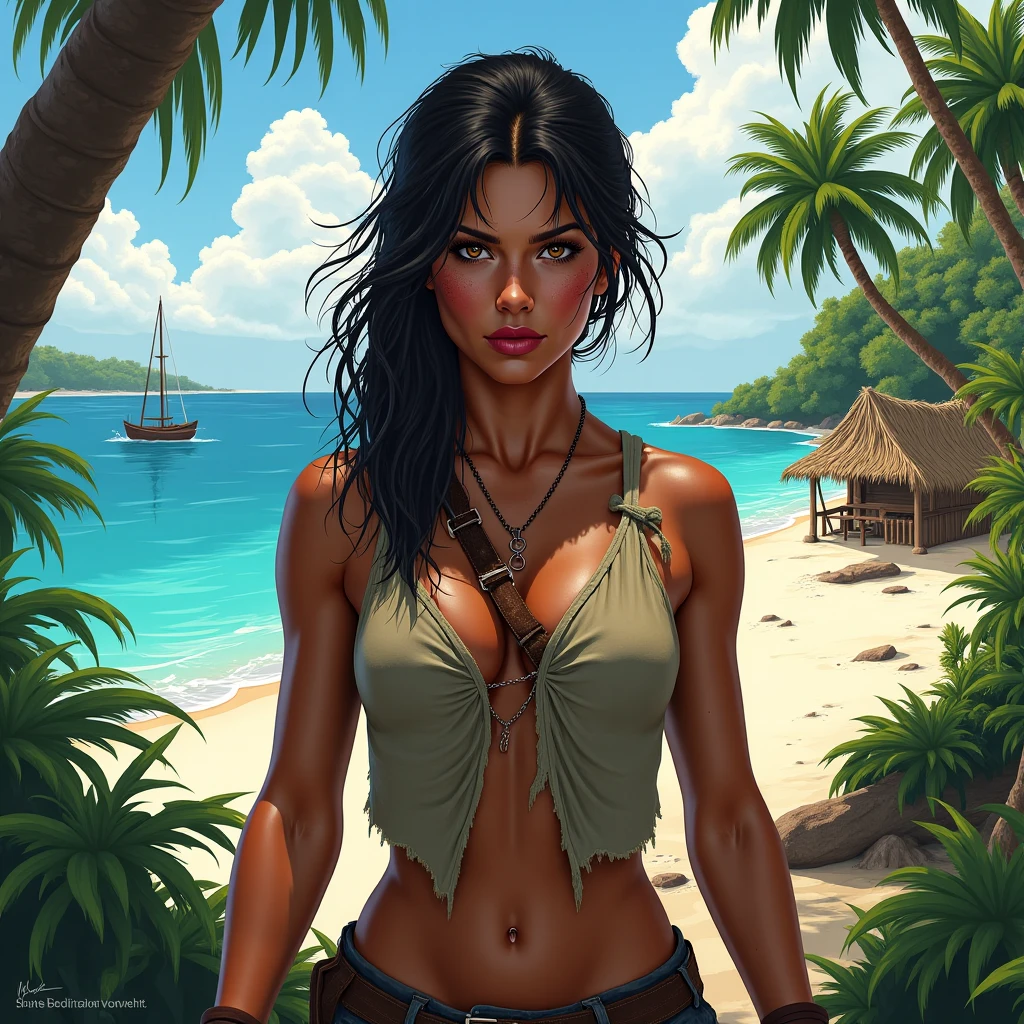 a ((native american elf)). She wears a brown leather bikini, fur boots, fur bracers. (((native American))), 1woman , slim athletic physique, curvy, slim waist. ((black hair)), long hair, coco skin, Dark skin, brown eyes. (detailed eyes, detailed face), smile, red lips. Square jaw, high cheekbones, strong jaw line. pov from above, futuristic City, busy road, people, highly detailed bikini, tribal tattoos, tribal face paint,;; Looking at the viewer;;