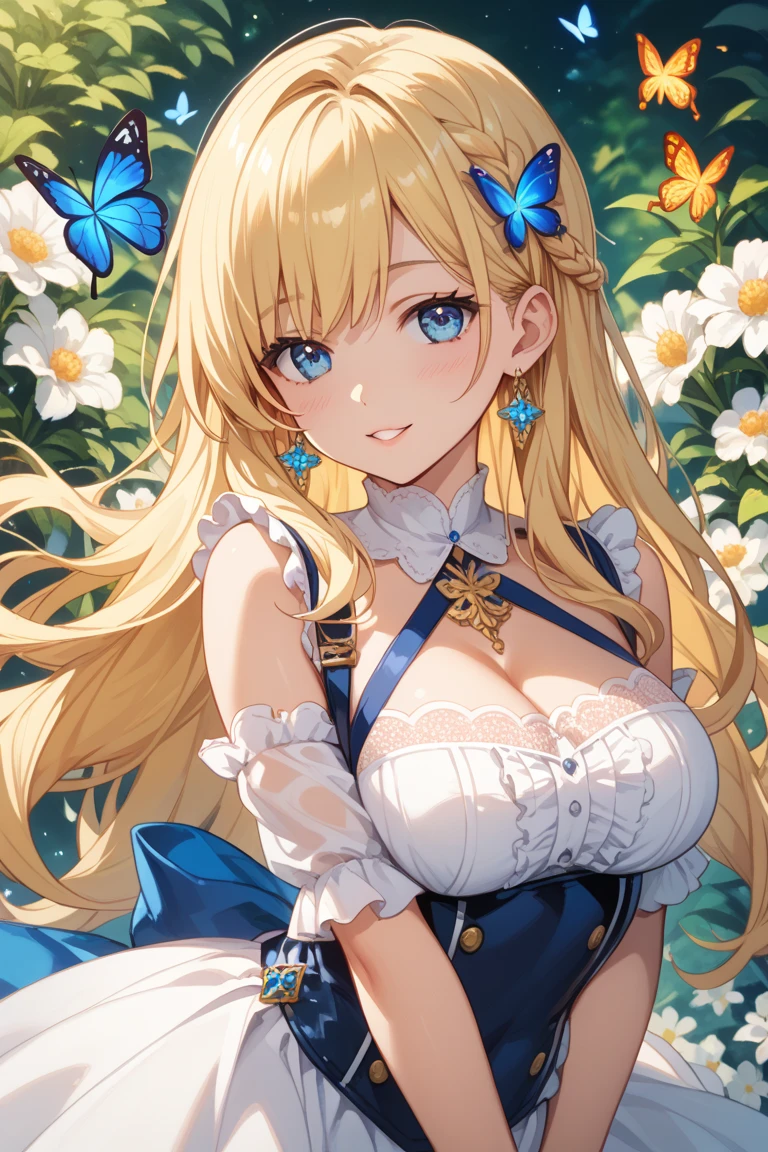 Lots of blue butterflies、Blonde girl、White Dress、Playing with butterflies