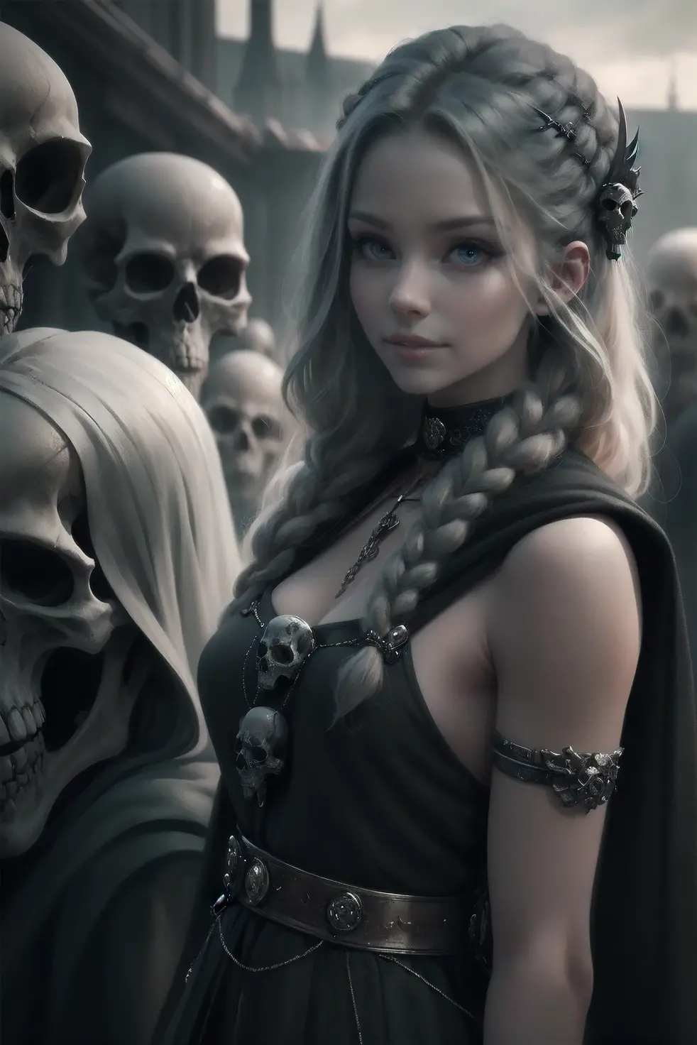{-erro_de_anatomia:1.0} woman 30 years old, north,viking clothes, (nordic dress), dark castle, a woman (lagherta), very long blond hair (blond hair), (gray eyes) . Indifferent look , merciless. among the skulls, dinamic poses, egoist smile, upper body, sitting on the ground