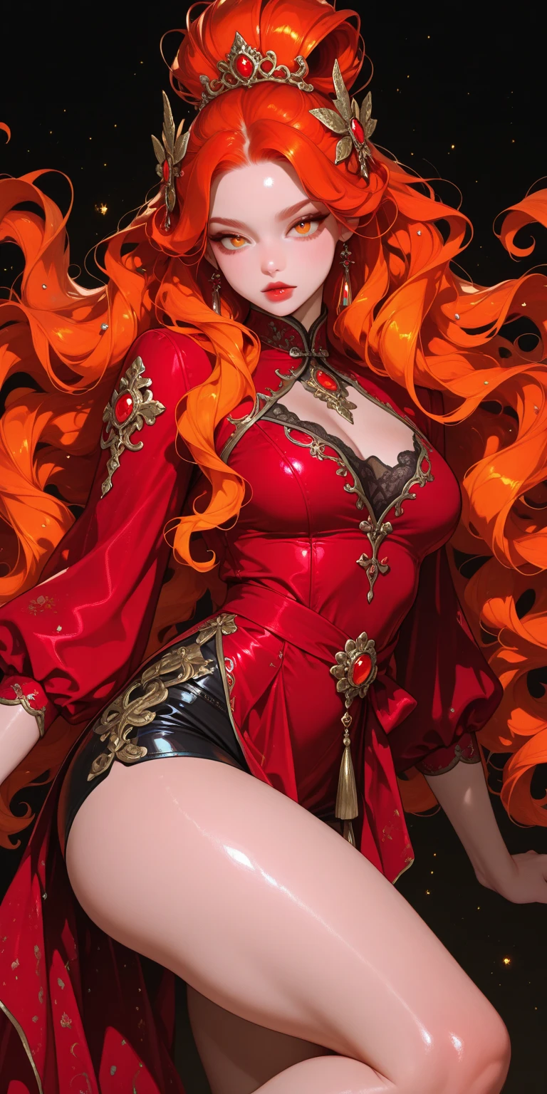 24 year old woman, curly hair, red and orange hair, Almond eyes, black eyes, the expression is relaxed but with a smile,The background is a forest , with not so revealing clothes, with a tattoo of a jellyfish, long hair, an ear piercing