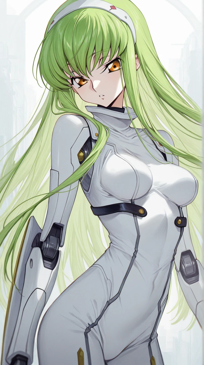 ((1girl)),((alone)),C.C., ( Code Geass),(masterpiece), (best quality), (ultra detailed), (best illustration), (best shadow), (absurdities), sharp focus , cowboy shot, atmospheric perspective, depth of field, dynamic posture, ((looking at viewer)), medium breasts, narrow waist, wide hips, wide thighs, round butt, erotic, romantic, (very detailed eyes, lips 1.1) , very detailed eyes, eyes, Very detailed face, Very beautiful face, Symmetrical face, Aesthetic face, perfect face, perfect eyes, detailed eyelashes: 1.5), full height, beautiful slim figure, femininity, expressive appearance, elastic medium breasts, sexuality ,parted lips,orange eyes, long hair, green hair, (white cyber suit: 1.1), tight suit, (simple body suit), elegant body, naked body, white gloves, earrings, cyberpunk oppai, biomechanical oppai, hand, holding hip,\(code geass\),curves, defined body,Perfect and beautiful body, perfect and beautiful, closed mouth, expressionless, frowning, blushing,(sexy pose: 1.2), ((solo)), standing: 1.4,((exterior, cybeppunk landscape, cityscape, cybeppunk city, neon lights, night, city lights)), Looking forward, ((centered on l:1.4)), point of view:(from middle), perfect anatomy, perfect hands