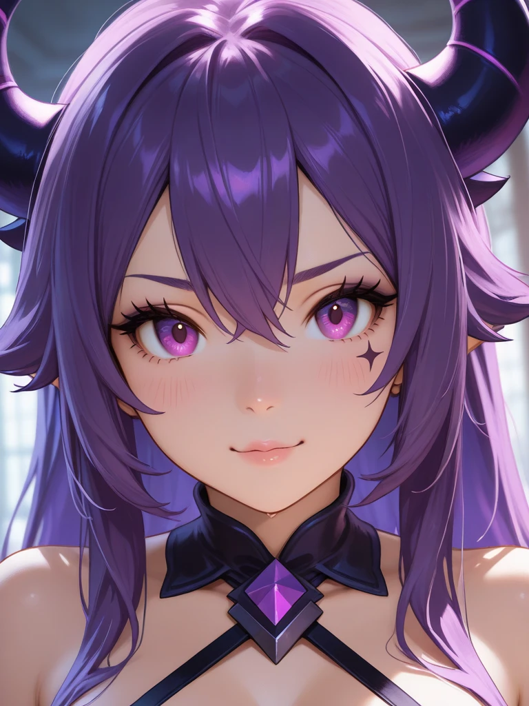((best quality)), ((masterpiece)), (detailed), perfect face, solo, alone, masterpiece, wagashi, tokoyami towa, purple hair, medium hair, twin drill hair, gold eyes, pointy ears, streaked hair, sidelocks, hairclip, big breasts, cleavage, smug, smirk, (mesugaki expression), (fangs, sharp teeth), small horns, from below