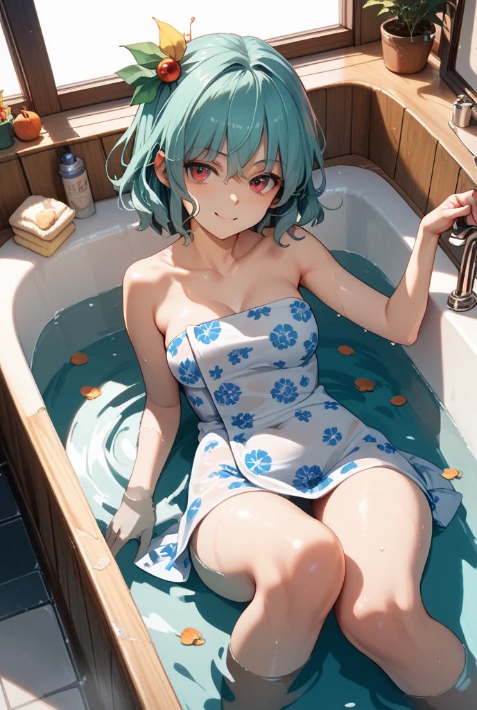 Swimwear, ワンピースSwimwear, Fire emblem, Karin, Green Hair, Short Hair, Watery eye, Punishment, Crying face, scream, I am in agony, Desperately struggling, whole body, shame, Taking a bath,Bathtub,hot water bath,steam, whole bodyが水槽の中, Bright red skin, Withstands the heat, Being boiled, Boiled in a pot,Ironing, torture, Jail, torture部屋, 透明なBathtub