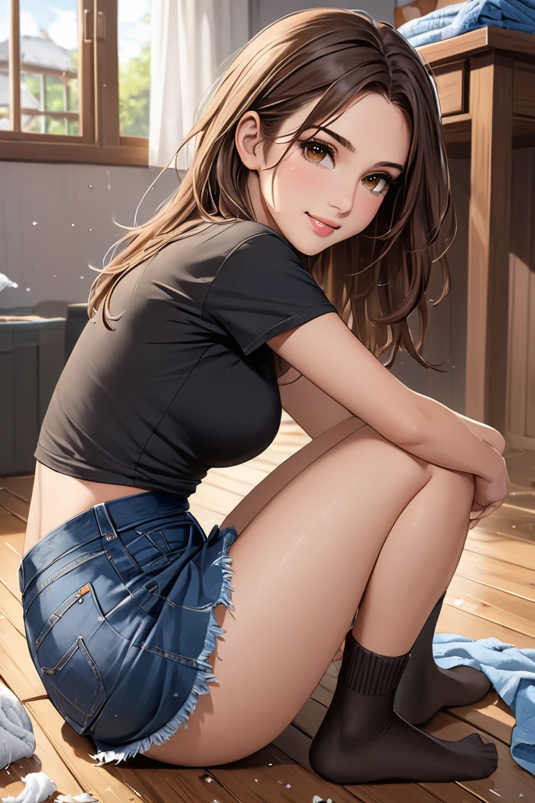 BrookeMonk, Brooke Monk, (realistic photo), attractive young woman, (beautiful face:1.1), detailed eyes, luscious lips, (winged eyeliner:0.85), in black top, (((from below))), blue shorts, RAW photo,(extremely detailed CG unity 8k wallpaper), (open_shirt), DSLR photoshoot, realistic,skin tight, masterpiece,best quality, Intricate, High Detail, dramatic, sitting on throne, smirking, smirk