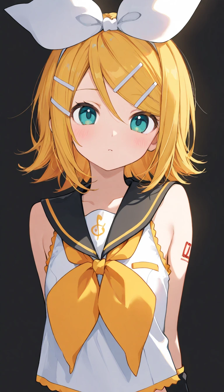 top-quality、super precision、Onegirl、(kagamine_Rin)、Green eyes、Cute  s、Shorthair、White hair ribbon、hair clips、headphones、a blond、a sailor suit、Black shorts、a belt、Yellow neckerchief、Sleeveless、ssmile、High school students、Older sister、white backgrounid big  露出肚脐