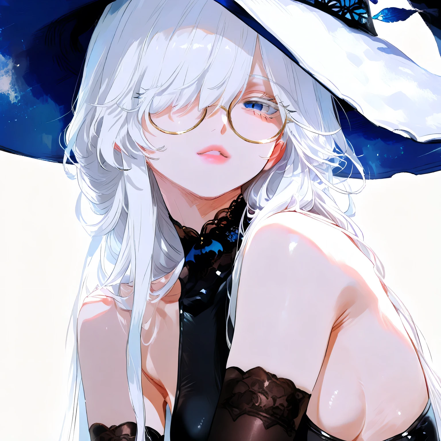 big witch hat ,The tip of the hat slightly covers the face., solo , single , 1girl, single ,  young girl , round glasses , very long hair , blue eyes , White hair , empty gaze , bangs, long hair, hair over one eye, Small Breasts , looking at viewer, colored eyelashes, eyelashes, long eyelashes , sideboob , simple leotard , photo in front , leotard on neck , albino, black leotard, bare shoulders ,Close up face , smlie , beautiful blue eyes , eye focus , black gloves , sexy lips, Sleeveless, arm sleeves,white background ,usnr, 748cmstyle