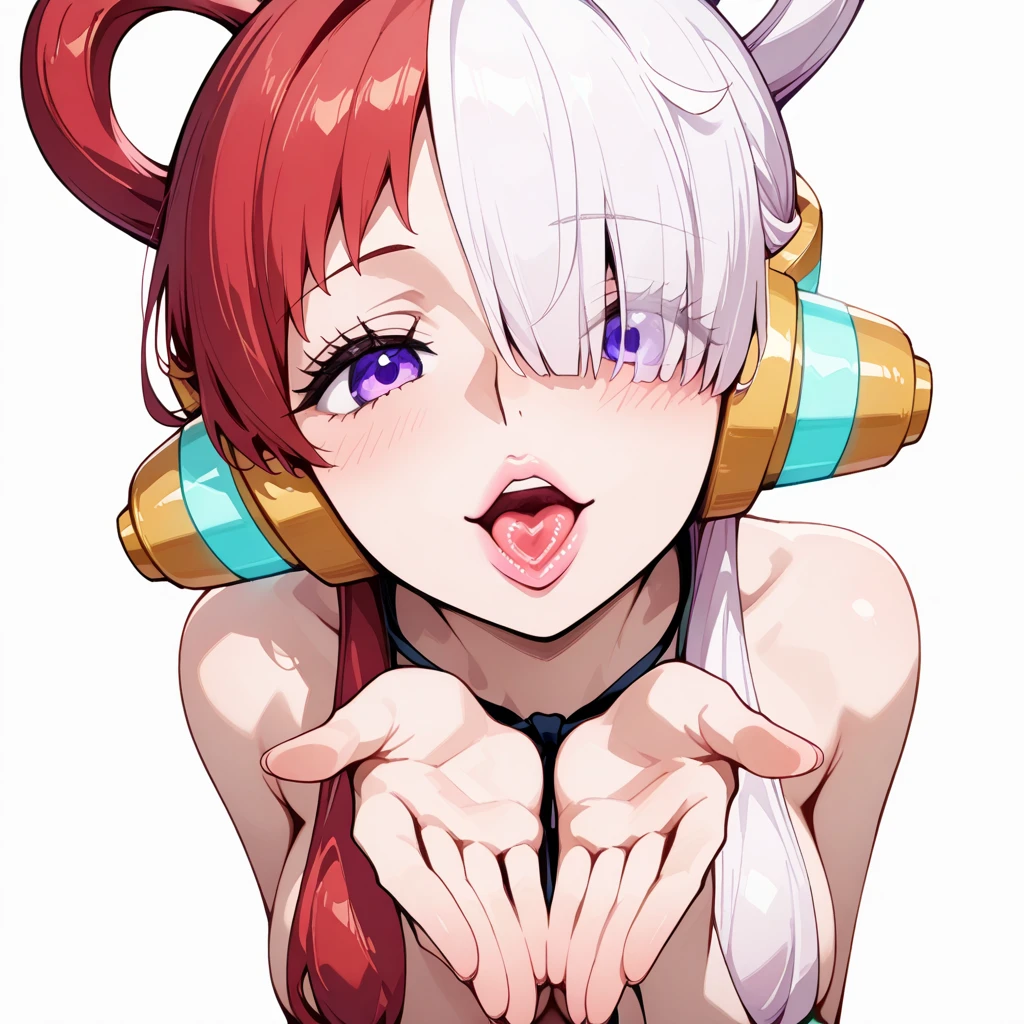 mature female, mature, Adult, onepieceuta, uta, long hair, (purple eyes:1.1), white hair, red hair, multicolored hair, (hair over one eye:1.5), two-tone hair, split-color hair, hair rings, sidelocks, Villain, seductive smile, evil grin, headphones, aroused, in heat, nsfw, steam, breath, sweat, drooling, Bending forward, Spread arms, Raise arms, chest, Night jungle, Dark, latex purple leotard, dramatic angle, unique perspective, unique angle, masterpiece, Top animation quality,Top image quality,