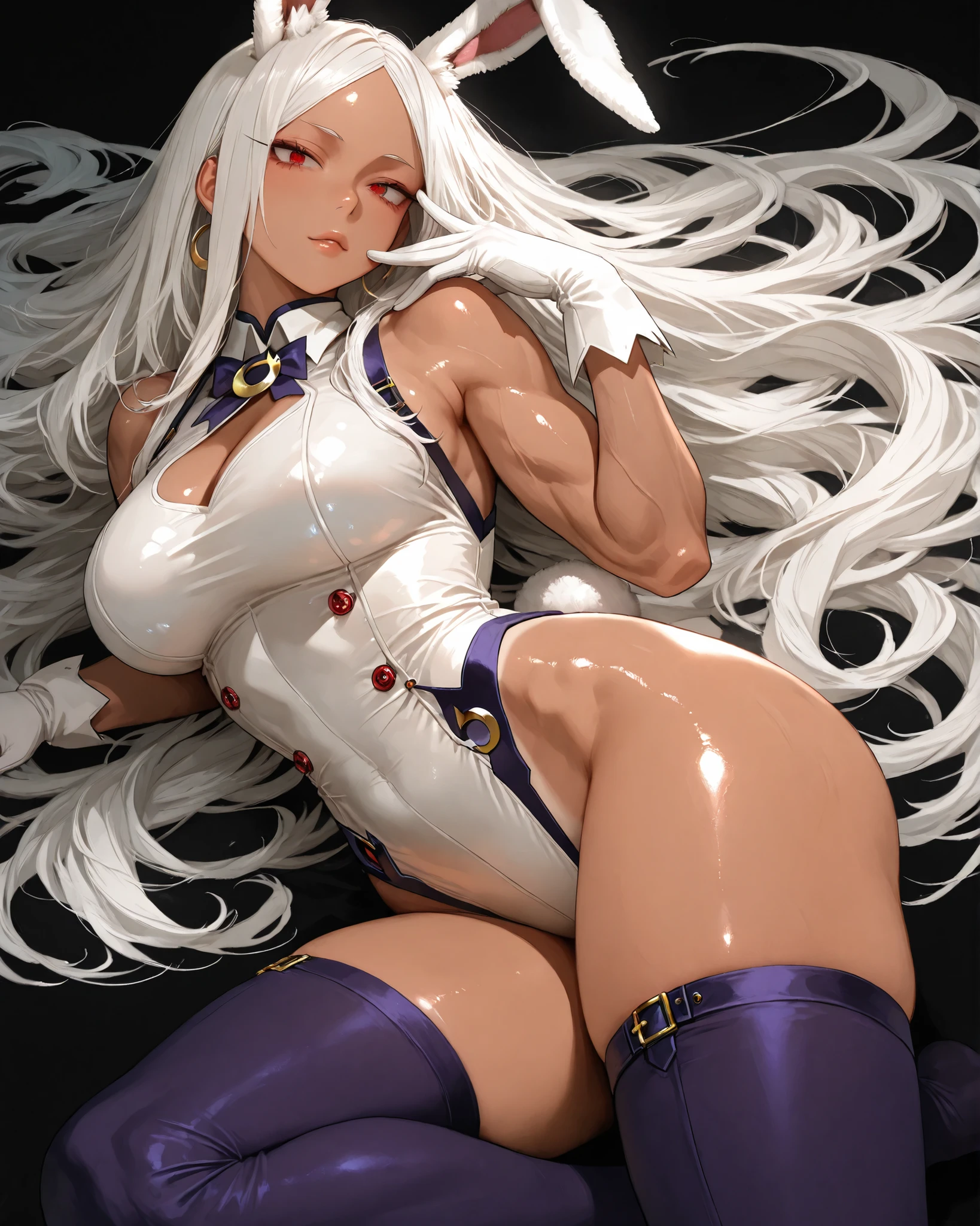 black skin, dark skin, beautiful face, cute face, slingshot bikini, kissing face, wink, white hair, straight hair, straight bangs, white lips, soft-looking breasts, biggest breasts, huge breasts, Long breasts, 30 years old,   Long gloves, Long boots, dim room, tall woman, night, enemy woman, detailed face, beautiful eyes, full lips, intricate details, hyper realistic, cinematic lighting, dramatic shadows, vibrant colors, fantasy art, concept art, armpit, both arms up,