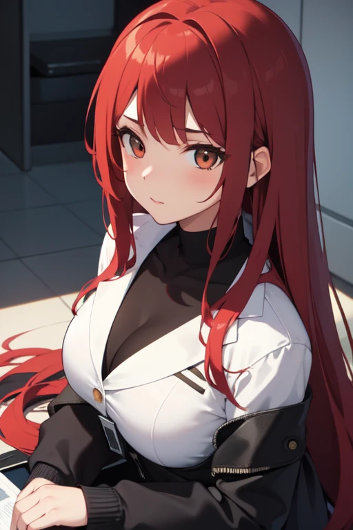 green eyes, red hair with long bangs, noble, mafia. sadistic women, wavy long hair. weaving black purple uniform. strong woman