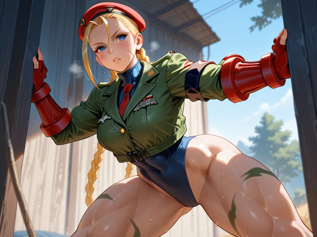 1girl como SF2CW, Cammy branco com corpo perfeito,Beautiful, corpo tonificado:1.2, jaqueta camuflada,malha verde, boina vermelha, Botas longas castanho escuro, braided hair, louro, Standing, (Image from head to thigh),
