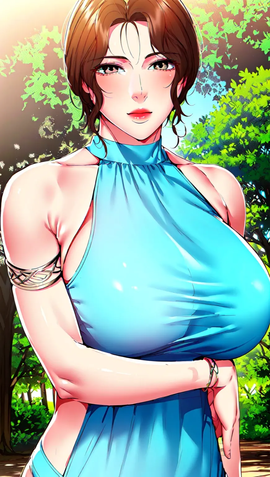 mature female, <lora:Ajumma:0.8>, outdoors
1girl, breasts, dress, brown hair, cleavage, brown eyes, braid, blue dress, large breasts, long hair, bare shoulders, clothing cutout, braided ponytail, sleeveless, cleavage cutout, single braid, sleeveless dress, hair over shoulder, bangs, blush, lips