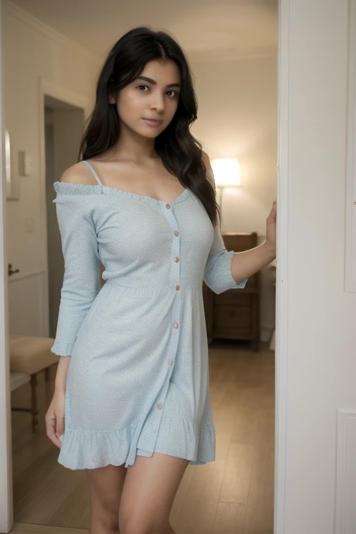 1 bottomless woman, black hair, blue pupils, delicate face, cute, love earrings, absolute sheer sundress, standing at the door of the police station, playful, ultra hd, masterpiece, best quality, super detail, accurate