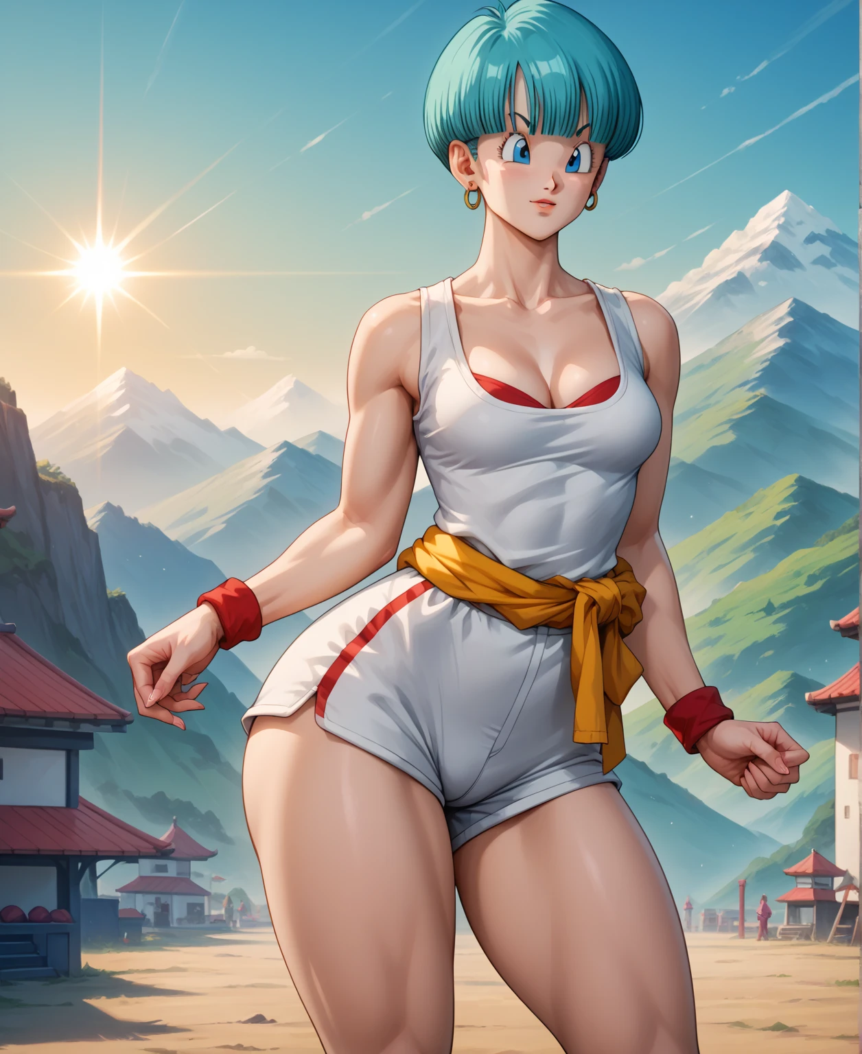 RAW photo, (high detailed skin, detailed eyes:1.1), intricate details, best quality, 8k uhd, soft lighting, Vegetto, breasts, (female:1.2), 1girl, earrings, jewelry, white gloves, full body naked, spiked hair, dougi, smile, blue hair, two bangs, blue eyes, super saiyan blue, godly blue aura, sexy, huge breasts, fully body naked, no clothes