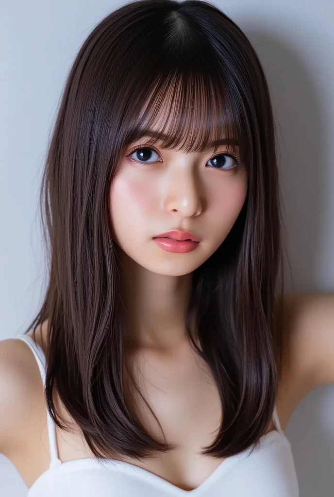 highest quality, Realistic, 8K, High resolution, 1 Girl, woman, (Skin dents), (Portraiture:0.6), nice, ((White Background, Completely naked, Small breasts:1.65)), (Long brown hair, Parted bangs:1.4), Watching the audience, (1 Girl eyes Watching the audience:1.6), Realistic, (Bokeh), (Closed Mouth, smile:1.3), nice, Purelos Face_V1:1,Completely naked、