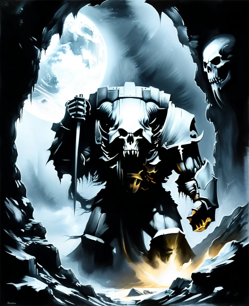 A black steel armored menacing man sitting in a throne of skulls and bones. With a background of the observable universe with the Ton 618