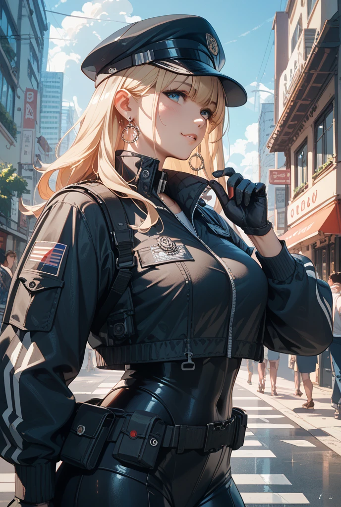 Brave policewoman, in a black leather outfit, fits snugly to the body, with a shiny badge on the chest. You can see fatigue in his eyes, but also determination and perseverance. It stands in the middle of a deserted and gloomy street, with tall buildings around, creating an atmosphere of imminent danger. The dim lights of the city cast mysterious shadows, revealing only a few details: puddles of water on the street, wet from recent rain, A flash of neon, is reflected in the windows, The danger sign flashes red. The setting conveys a sense of urgency, How a policewoman looks directly at the viewer, We are ready for any challenge, who stand in front of them.
