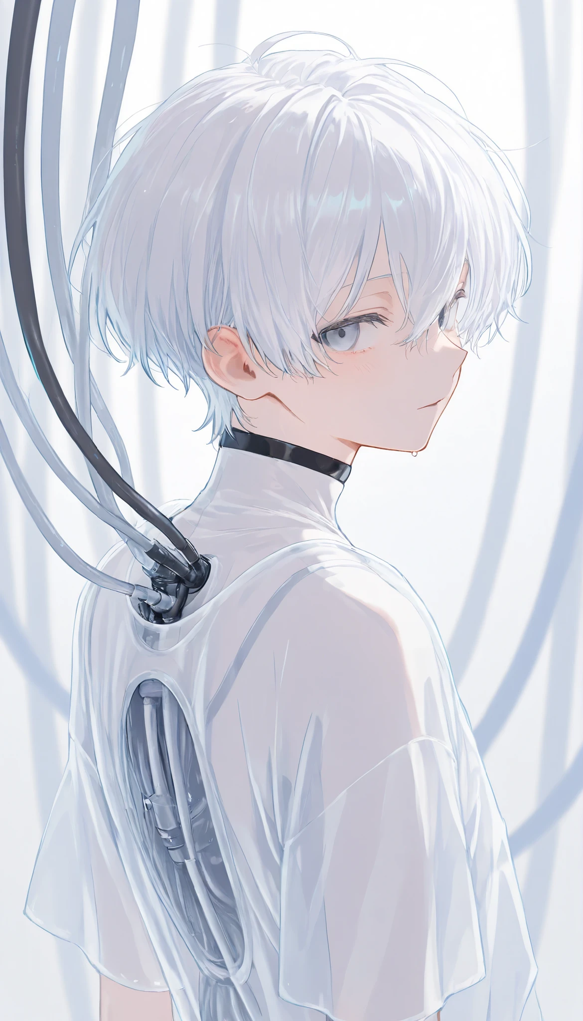 (1 boy with white hair short cut:1.4),A boy floats in a large transparent water tank、A boy floats in a large transparent tank with lots of cables connected to his back