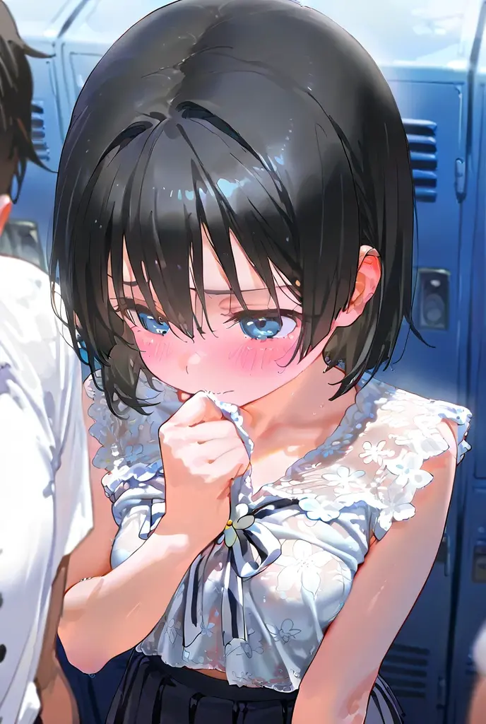 nsfw,(super fine illustration,8K CG wallpaper,best quality,extremely detailed,ultra high res,best aesthetic),(cowboy shot,from side),idolmaster, {{{chie sasaki}}}, (, beautiful girl),(beautiful brown eyes), (beautiful black hair), ((((short hair)))), ((bob hair)),(wet hair), (wet skin), (sweat), (steam), (flat chests,small breaslender)),(elementary school uniform:1.5),(open clothes),(((nudity:1.5,s:1.4,bottomless:1.4,expose breasts, breasts (((pubic air:1.1))),(look at camera),(kupaa:1.5),((cum on Face:1.9)),((cum on body9)),(cum on pussy:1.(((female masturbat:1.9)),ng self), (put your f pussy),(cum shot),(feel good), (blush),(((multiple boys, g on a g,multiple penises, gangbang))),(((ecstasy)), saliva trail, nose blush,(one osed:1.5)ongue:1.5)),(hale:1.5),