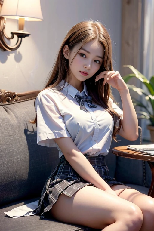 ultra highres,(reality: 1.4),highest quality, masterpiece, high detail, 16K quality, beautiful, 1 beautiful girl,japanese,super beautiful face,baby face,japanese idol face,cute face,super detailed face,detailed hand,beautiful skin,sweaty skin,big eyes,big smile,profeccional lighting,pony tail, black hair,brown beautiful eyes, see through white shirt,cleavag,checked skirt,sitting with knee up,((spread legs)),skirt lift,(((show off panty))),((white panty)),medium breasts,she is looking at the camera,modern style classroom,nsfw,from front,