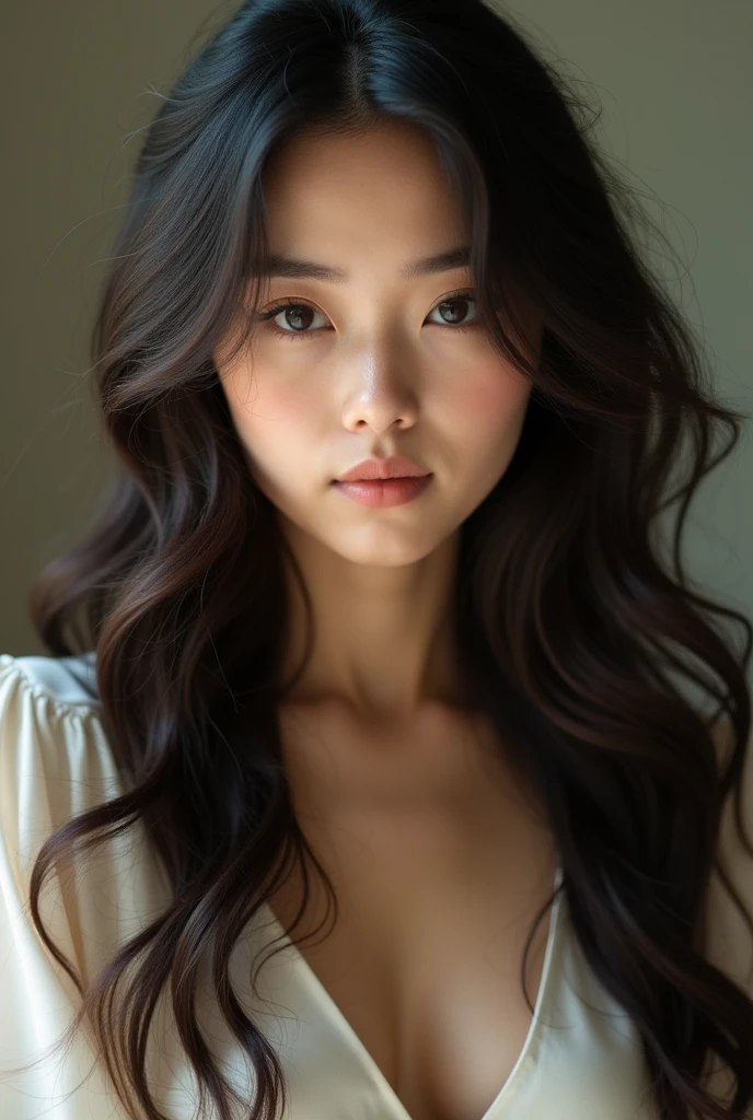 Photo of a 25-year-old Chinese girl, primitive, Beautiful woman, (extra long wavy brown hair), ((Portrait)), ((Detailed face: 1.2)), ((Detailed facial features)), (Fine fine skin), Pale skin, Transparent clothing, BodyCon hasmat BodyCon Highly detailed deep neckline, megacity environment, (Cool colors), Damp, Damp, pondering, (Masterpiece) (perfectly proportions)(Realistic photo)(Best quality) (Detailed) shot on a Canon EOS R5,  50mm lens, f/2.8, hdr, (8K) (the wallpaper) (Cinematic lighting) (Dramatic lighting) (Sharp focus) (Intricate)