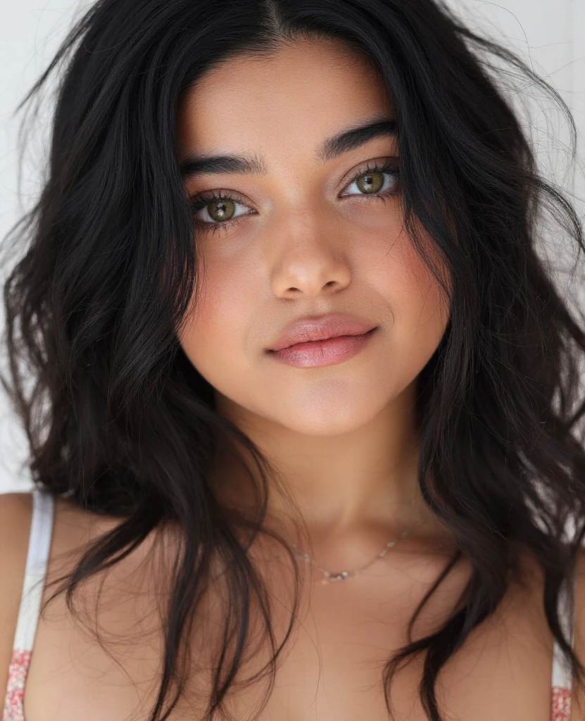 Woman black curly hair smiling straight formal photo passport photo eyebrow piercing black eyeliner white skin fair skin emo girl in dress