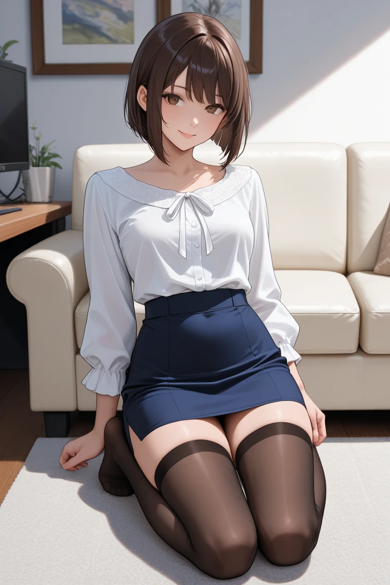 (1) there is one woman, She rolls up her skirt to show her beautiful legs,
(2) she is standing, I would like you to draw a picture of the whole body with legs visible.,
(3) Women wear white long-sleeved V-neck knitwear, White collared shirt inside, and a gray pleated miniskirt,
(4) The visible pants are pink with flashy patterns.,
(5) woman has short brown hair, shining eyes, and provocative, a grin on her face,
(6) The location is the living room of the apartment.,
(7) highest quality, High resolution, realistic pictures, realistic skin,