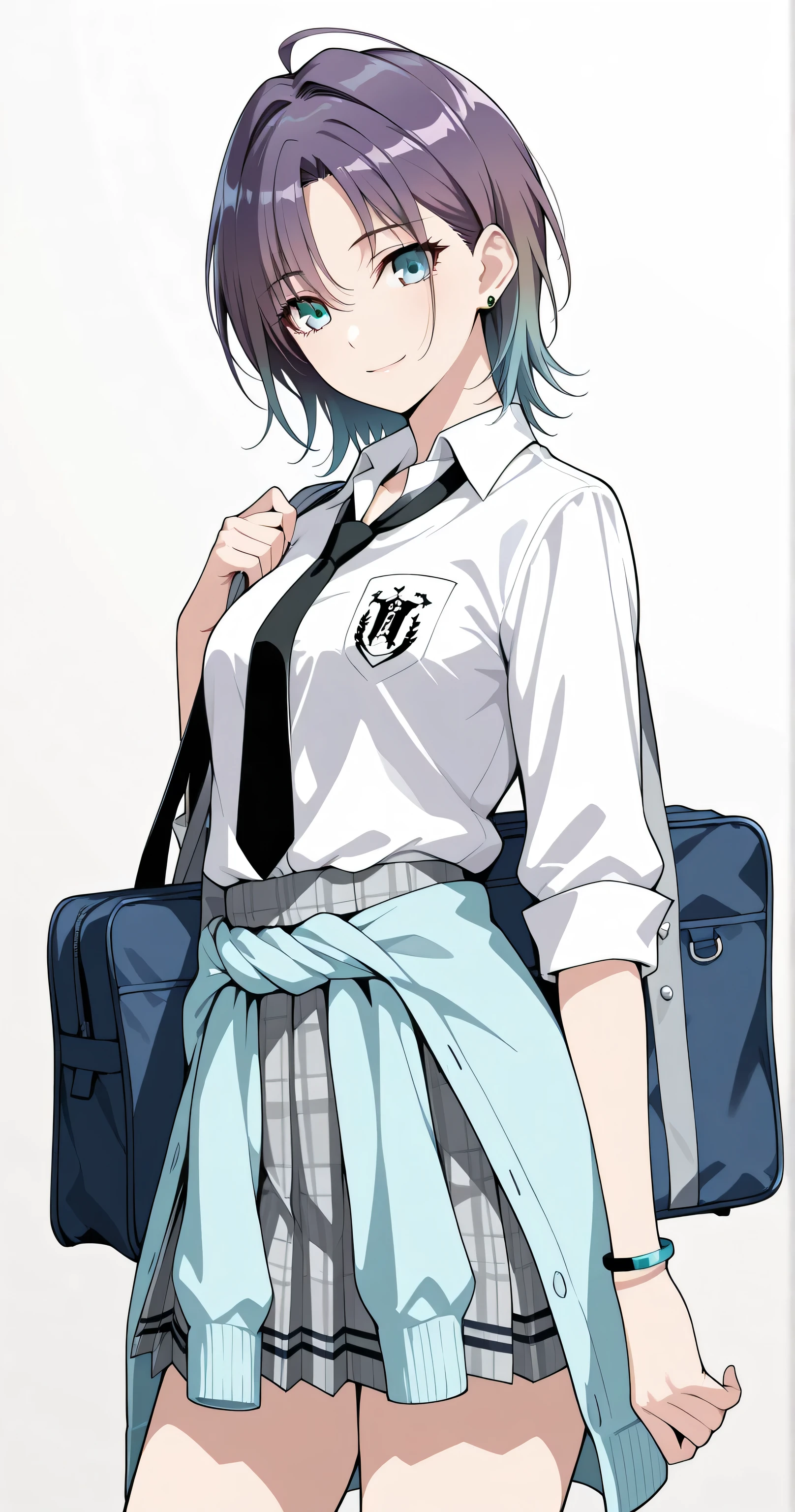 insanely detailed, 2Danime-style solo, Cell-shaded style, (flat color:1.3), (Toru Asakura, t_asakura), (cowboy shot, side view), (contrapposto), (light smile, Looking at viewer), (Sleek and slender figure, youthful), (Flawless porcelain-like skin, dewy radiance), (Cinematic lighting), , light smile, Looking at viewer, flawless porcelain-like skin, dewy radiance, cinematic lighting, sharp focus, clear lines, crisp outlines, dynamic clean line art, fine contour lines, harmonized colors, vibrant colors (1.5), ultra-detailed, detailed aqua eyes, intricate irises, beautiful eyes, ultra-detailed eye contours, short choppy messy pixie cut purple hair, parted bangs, gradient hair, blue hair, multicolored hair, ahoge, glossy highlights, silky smooth hair, delicate strands, slightly messy hair (1.1), black necktie, white shirt, simple background,  (soft light blue cardigan, cardigan around waist, clothes around waist, shirt, white shirt, black necktie, bag, bracelet, school bag over shoulder, school uniform, jewelry, very aesthetic, absurdres), (((white-gray plaid pleated skirt:1.3))), (((fine check pattern:1.3))), (((two thin horizontal stripes precisely located near the hem of the skirt:1.5))), ((skirt hem pattern emphasized)), ((highlighted hem detail)), ((distinct stripe edges)), Highly detailed face, refined body, flawless skin.