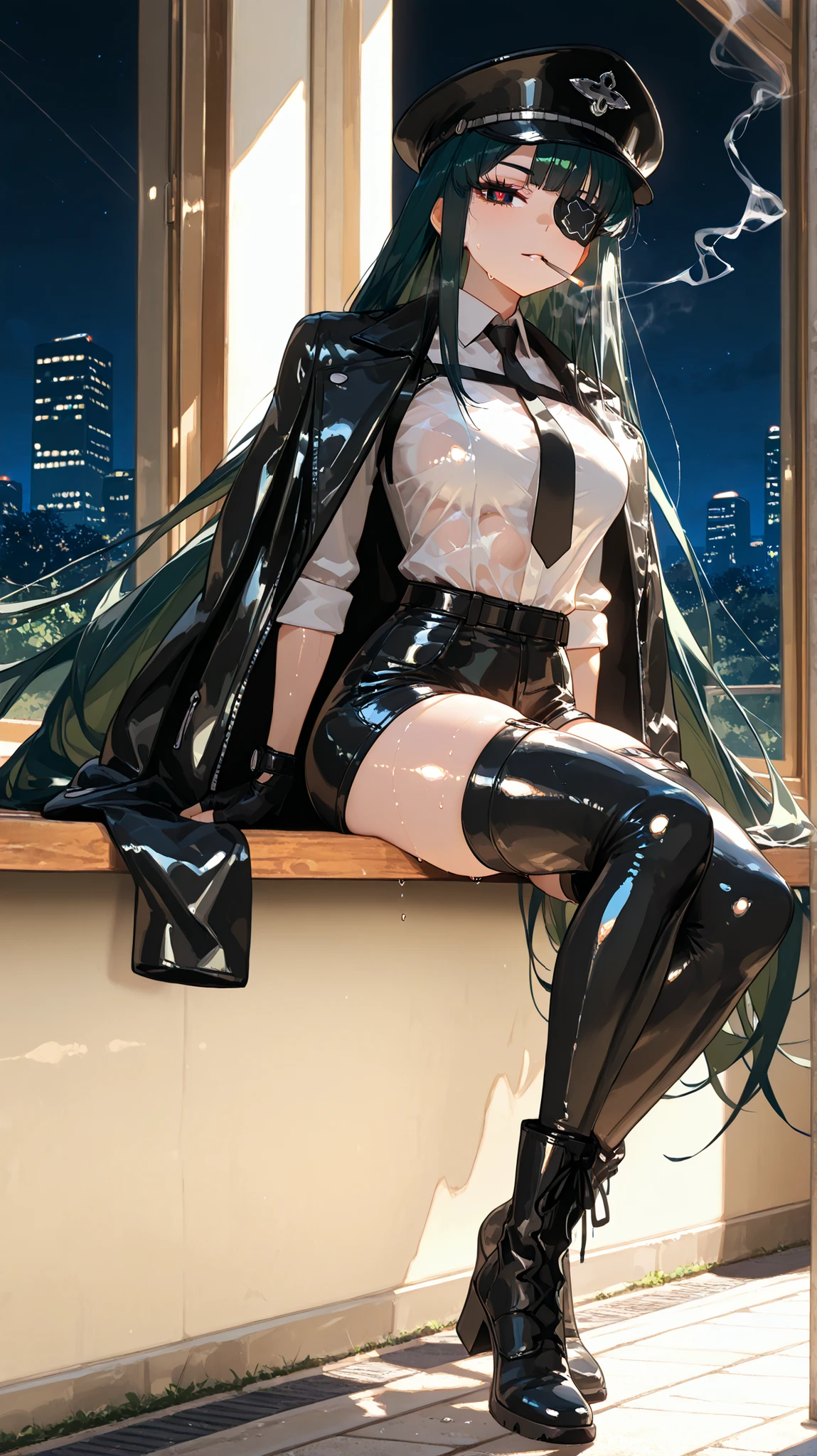 (EyesHD:1.2), (4k,8k,Ultra HD), masterpiece, best quality, ultra-detailed, very aesthetic, sharp focus, ray tracing, best lighting, detailed illustration, detailed background, cinematic, beautiful face, beautiful eyes, full body shot, ambient occlusion, raytracing, soft lighting, blum effect, masterpiece, absolutely eye-catching, outdoor, night
AND
1girls, solo, masterpiece, amazing quality, best quality, ultra-detailed, 8K, illustrating, CG, bioluminescent skin, ultra-detailed-eyes, detailed background, lowlight, sexy face, sharp eyes, multicolored hair, darkgreen hair, very long rough hair, very long hair, black leather jacket on shoulders, black learher office skirt, white leather shirt, black leather necktie, black leather fingerless gloves, black leather shortpants, black garter stocking, black leather long heelboots, black military hat, smoking, patterned black and white eye patch, gloss clothes, shiny clothes, abs, Sweat skin, slender, Sitting posture with one leg raised on the windowsill