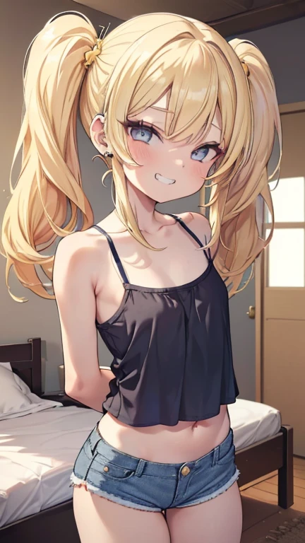 NSFW,(pale illustration,anime illustrations:1.2),(masterpiece, highest quality, so beautiful, Super detailed),textured skin, high details,8k,gleaming skin,pale outline
(hachimiya meguru, idolmaster:1.2),gold hair,
1 girl,(black Thighhighs:1.3),middle breasts,shorty,happy smile,
sleeveless shirt,bottomless,standing,
from front,white and clean bedroom