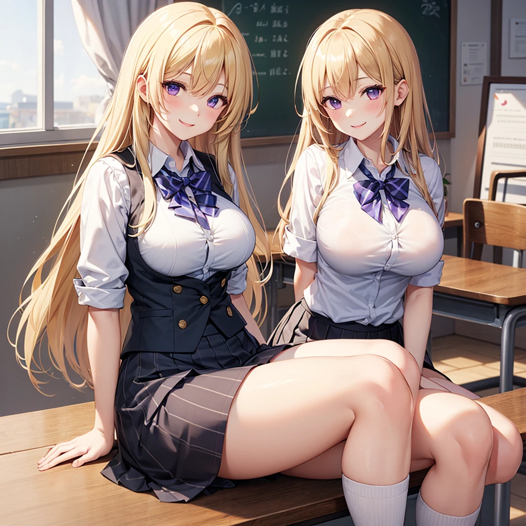 (masterpiece:1.2, Highest quality), (Realistic, photoRealistic:1.4), Beautiful illustrations, (Natural Side Lighting, Cinema Lighting), Browsing Caution,
View your viewers, Cowboy Shot, Front view:0.6, 2 people, Japanese, high School girl, Perfect Face, Cute and symmetrical face, Glowing Skin,
(Long Hair:1.8, Straight hair:1.7, Blonde), Asymmetrical bangs, Purple eyes, (Large Breasts:1.1, Thick thighs),
Beautiful Hair, Beautiful Face, Beautiful attention to detail, Beautiful clavicle, Beautiful body, Beautiful breasts, Beautiful thighs, Beautiful feet, Beautiful fingers,
((Light blue collared shirt, Navy pleated mini skirt, socks, Navy tie, Light brown cardigan)), Pink Panties,
(Beautiful views), evening, School, classroom, curtain, ,Facing each other,hug each other's bodies, Place your hands on your crotch, (Cute smile, Upward glance,Watery eye), Showing her vagina, Erect nipples