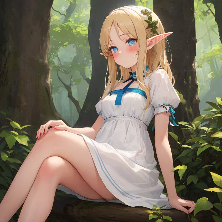 1girl, cute, teen, slender, round face shape with angular jaw, blonde with bangs, grey eyes, ???????, picking wet pink colorful mushrooms in a celestial forest, sunshine, stripe socks, pink skirt, hhorny touch, windy