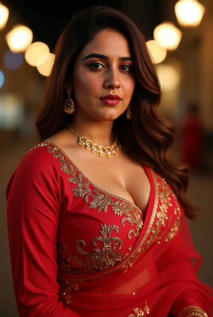 Day scene, close up photo of a sexy Indian queen, posing in a palace, big cheeks, super stylish red saree with wide open breasts, accessories, earrings, necklace, erotic face, 22 yo, ponytail, look at viewer and smile, (cinematic:1.3), intricate details, (ArtStation:1.2)