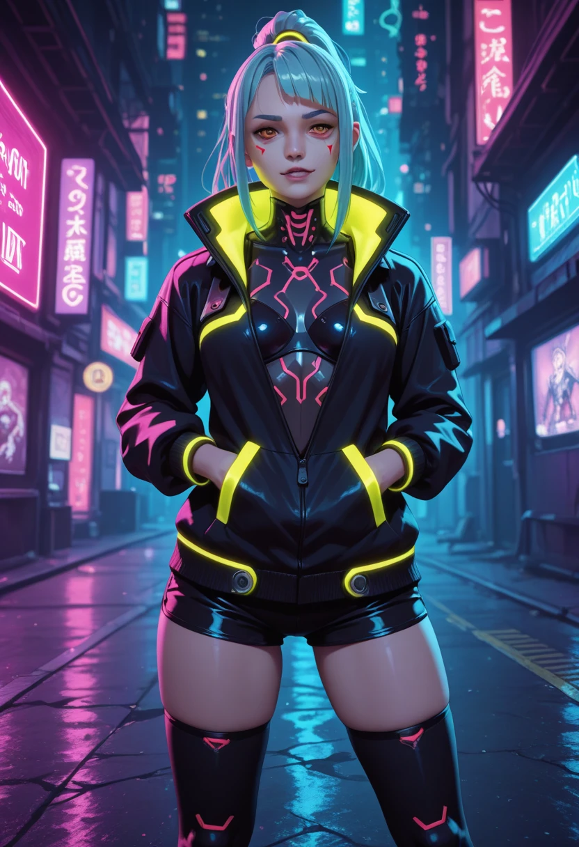 Tween, Cyberpunk, wearing diaper, Blonde hair, Blue glowing eyes, Modeling for a diaper company, Female, Cyberpunk Nursery background, Scifi,