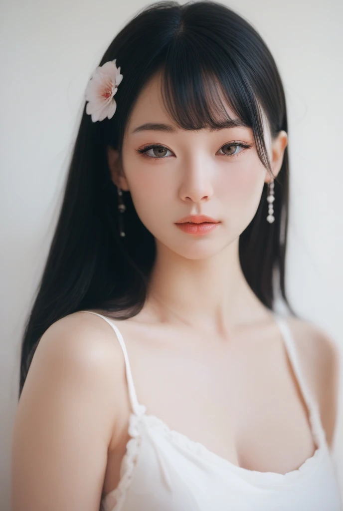 best quality、tmasterpiece、ultra high resolution、actual、1 girl、Glossy skin、((Surreal detailed))、Global photo、8K、Highly complex details、shinning eyes、Black straight hair、highkey、pureerosfaceace_v1、A smile、Elegant pose、plump breasts、White ultra-thin transparent lace、Lots of flowers in the background